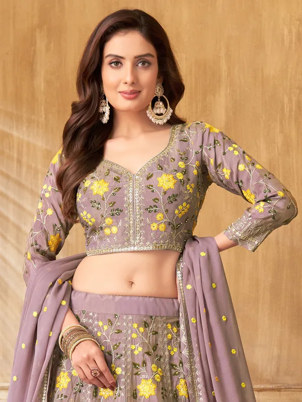 Lilac purple silk lehenga choli in embroidery