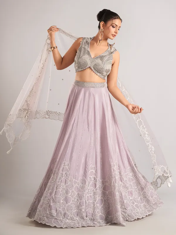 Lilac purple silk lehenga choli with cutdana and dupatta