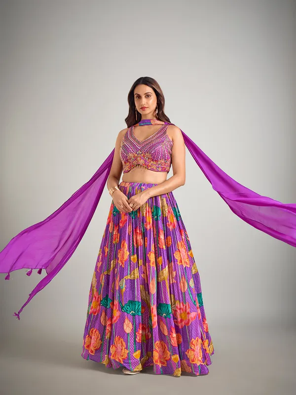 Lilac purple silk printed wedding lehenga choli