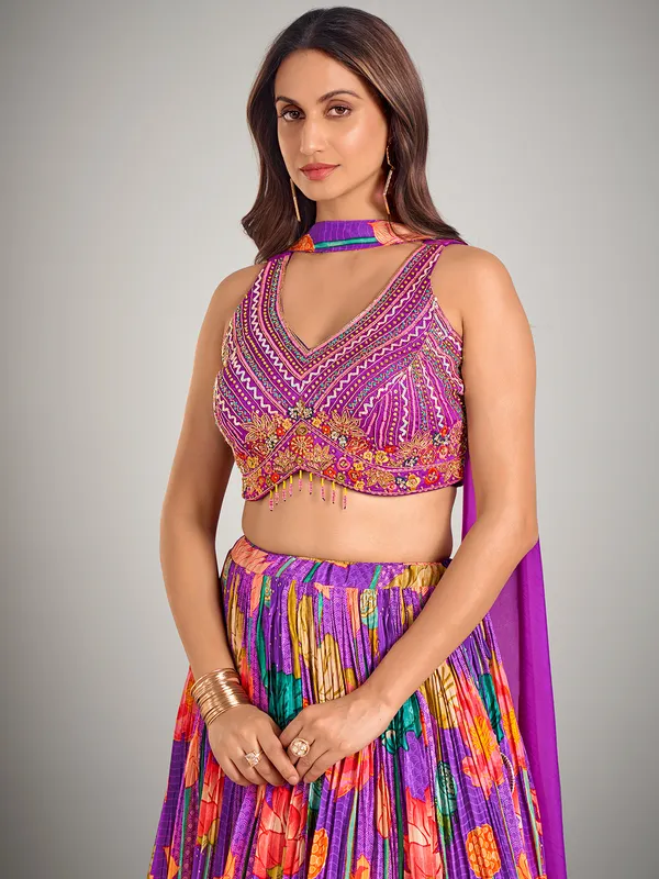 Lilac purple silk printed wedding lehenga choli
