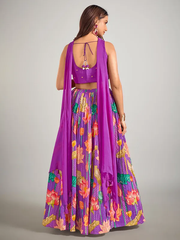 Lilac purple silk printed wedding lehenga choli