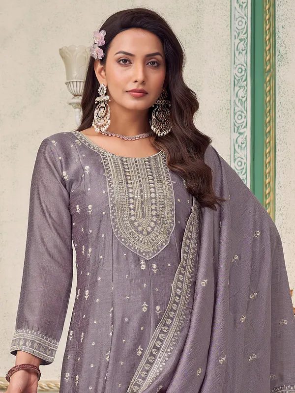 Lilac purple silk salwar suit with elegant detailing