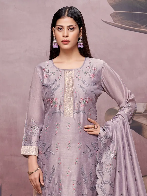 Lilac purple silk salwar suit with embroidery work