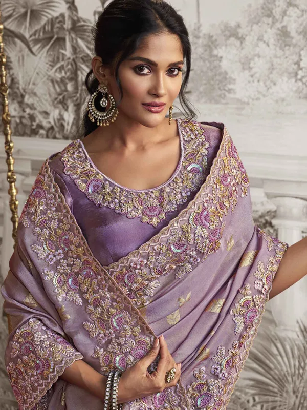 Lilac purple silk saree with resham ans zari work