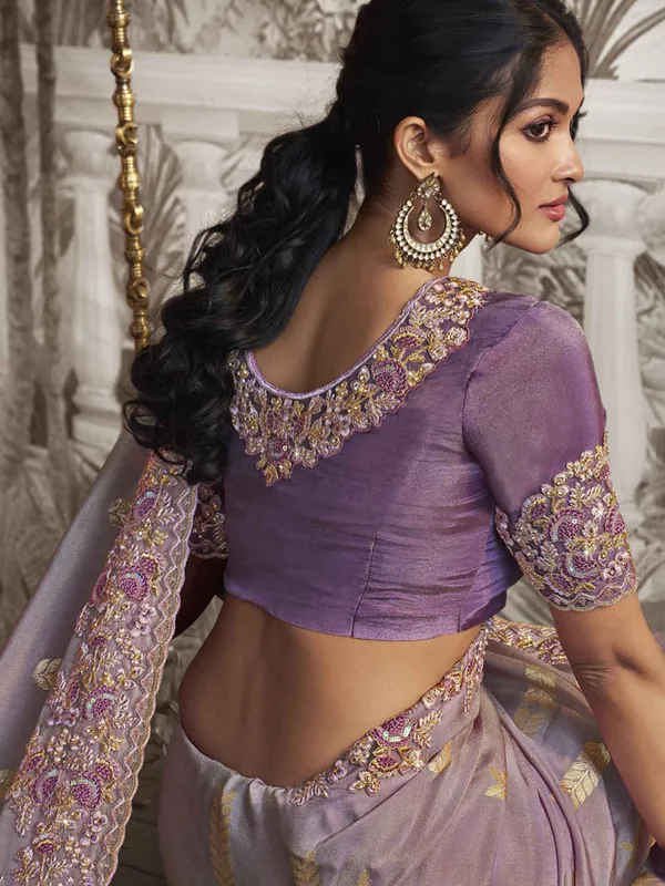 Lilac purple silk saree with resham ans zari work