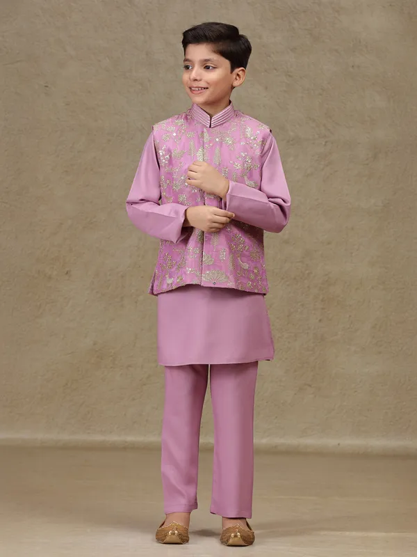 Lilac purple silk sequins worked waistcoat set