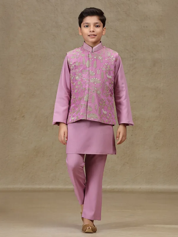 Lilac purple silk sequins worked waistcoat set