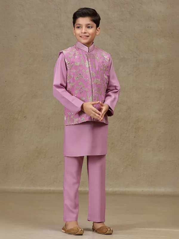 Lilac purple silk sequins worked waistcoat set