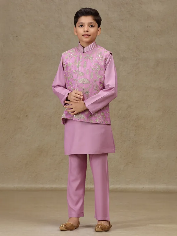 Lilac purple silk sequins worked waistcoat set