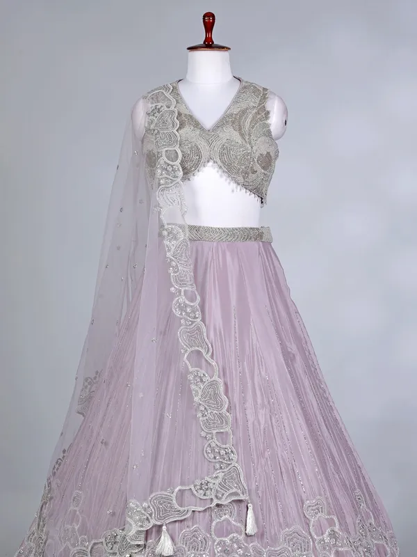 Lilac purple silk V neck designer lehenga choli