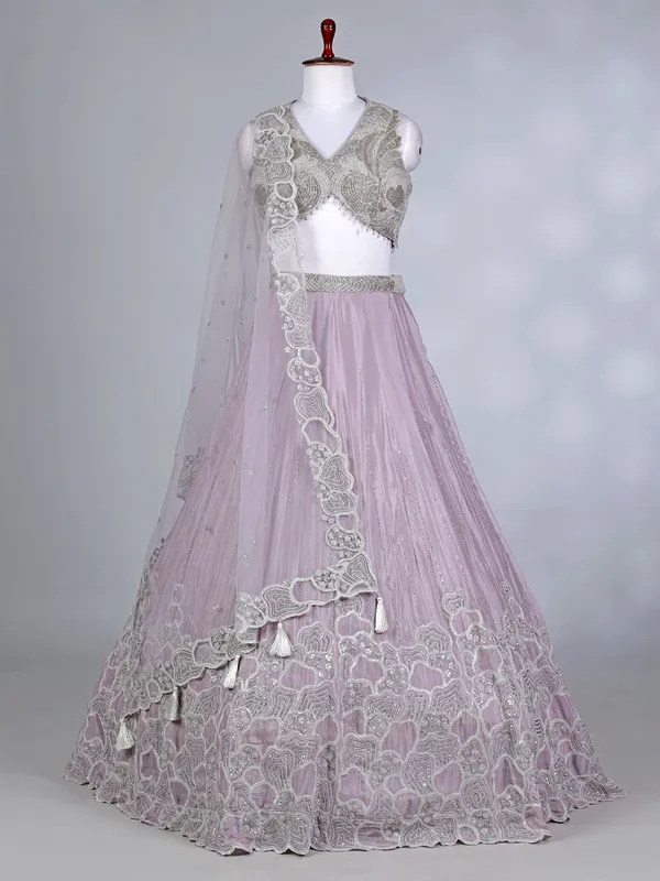 Lilac purple silk V neck designer lehenga choli