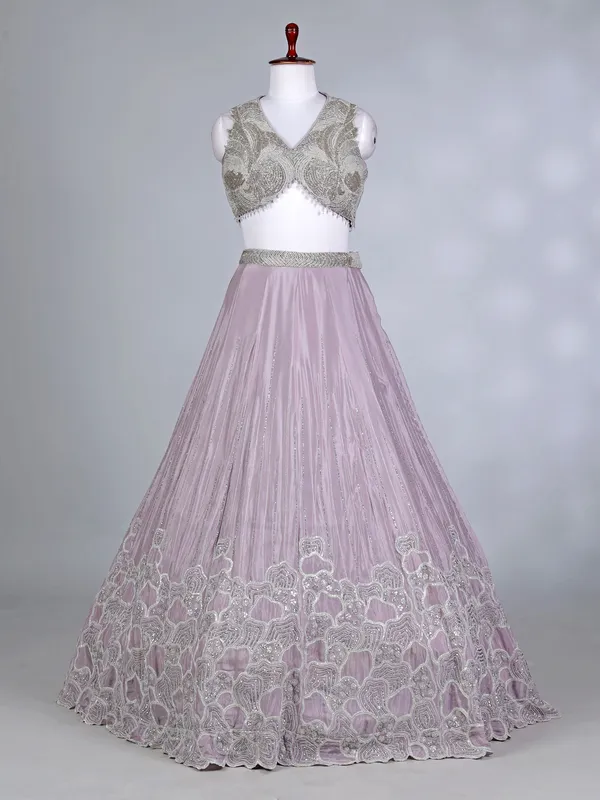 Lilac purple silk V neck designer lehenga choli