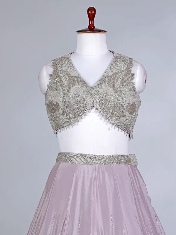 Lilac purple silk V neck designer lehenga choli