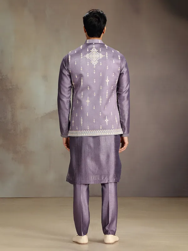 Lilac purple silk waistcoat set with embroidery for men