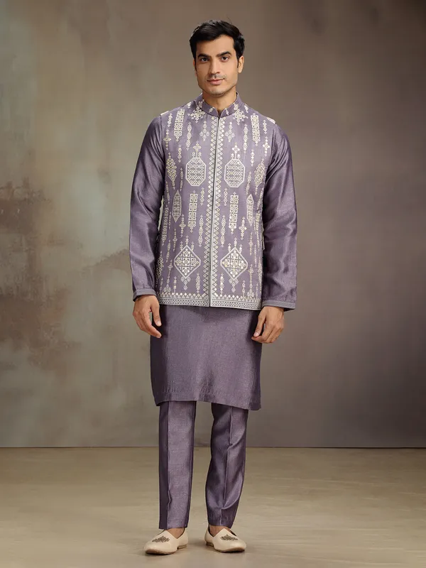 Lilac purple silk waistcoat set with embroidery for men