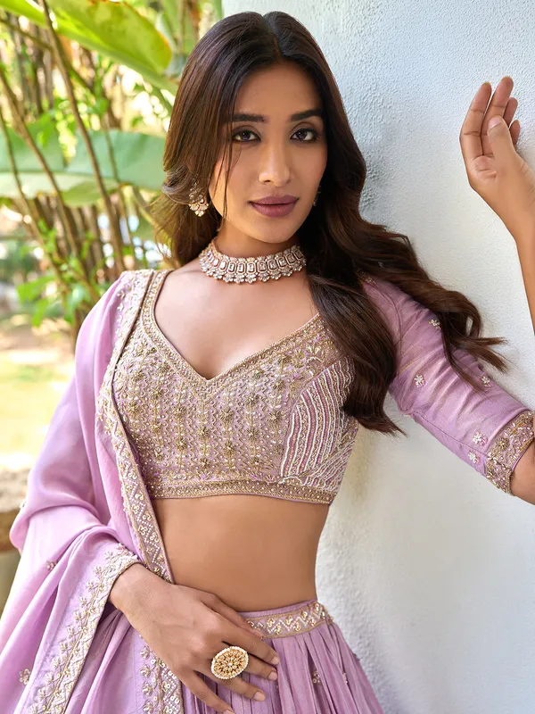 Lilac purple silk wedding wear lehnega choli