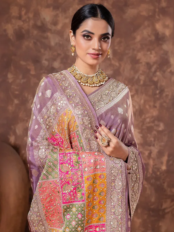 Lilac purple tissue silk saree for wedding wear