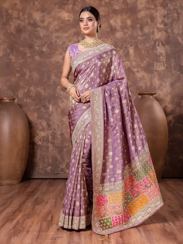 Lilac purple tissue silk saree for wedding wear