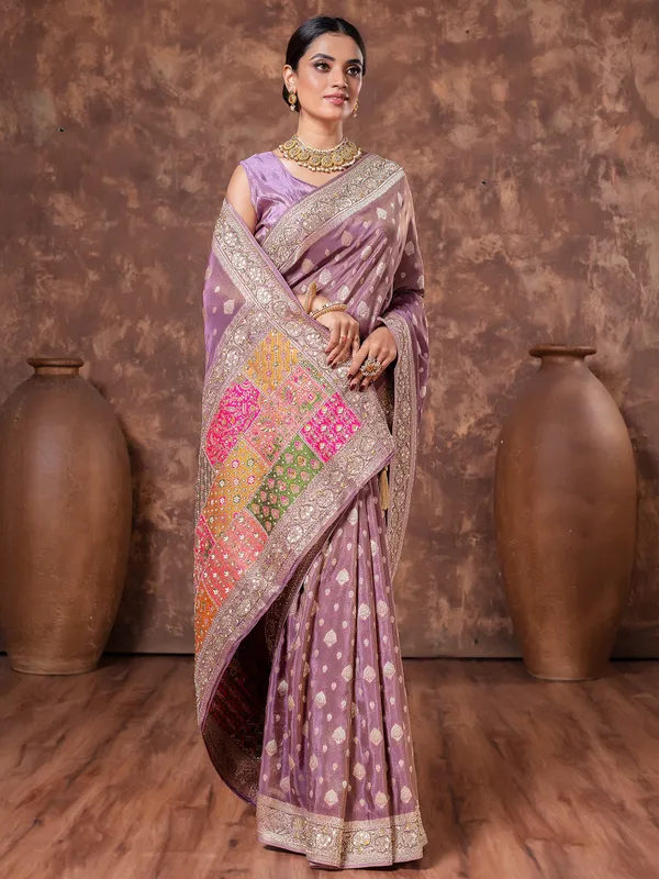 Lilac purple tissue silk saree for wedding wear