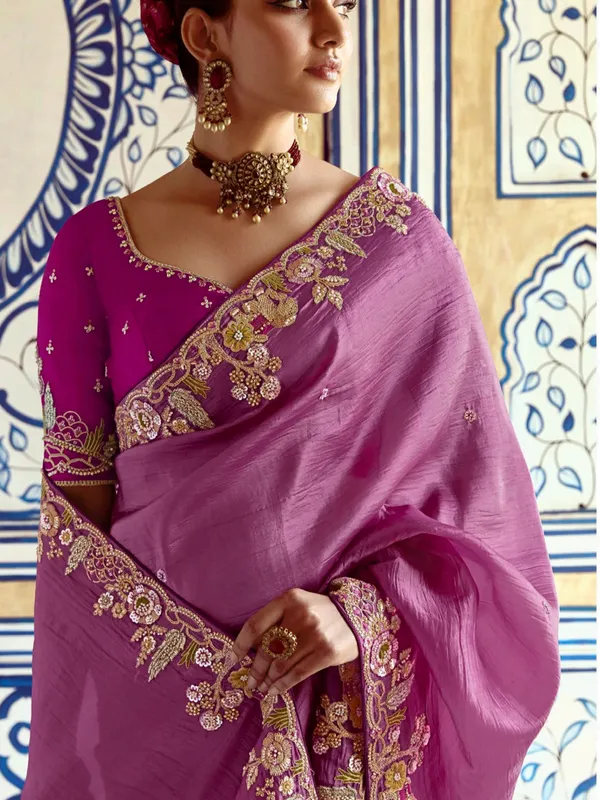 Lilac purple tissue silk saree for women