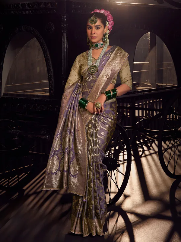 Lilac purple viscose tissue silk saree for wedding wear