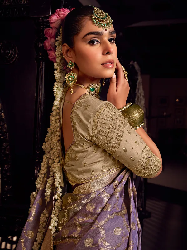 Lilac purple viscose tissue silk saree for wedding wear