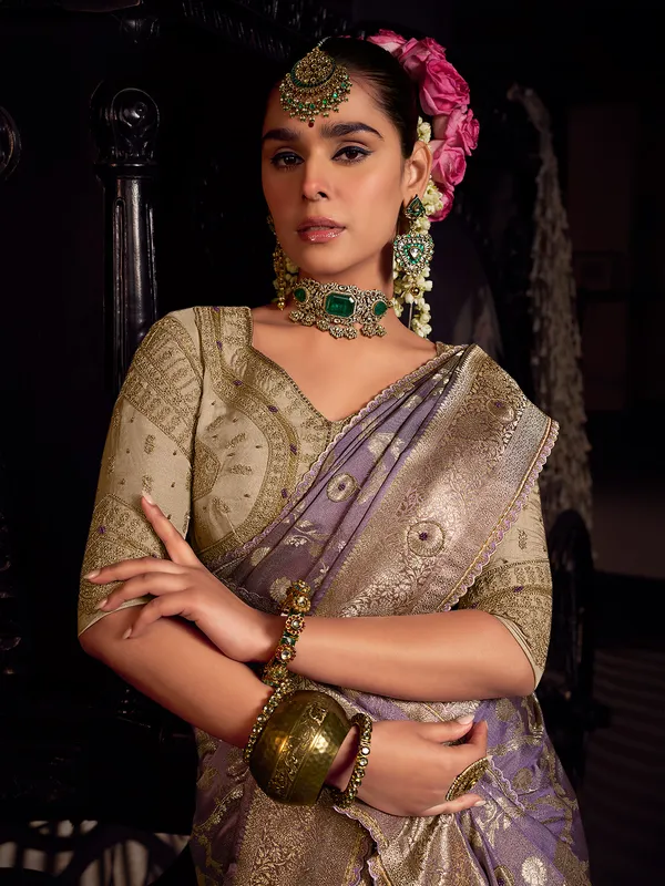 Lilac purple viscose tissue silk saree for wedding wear