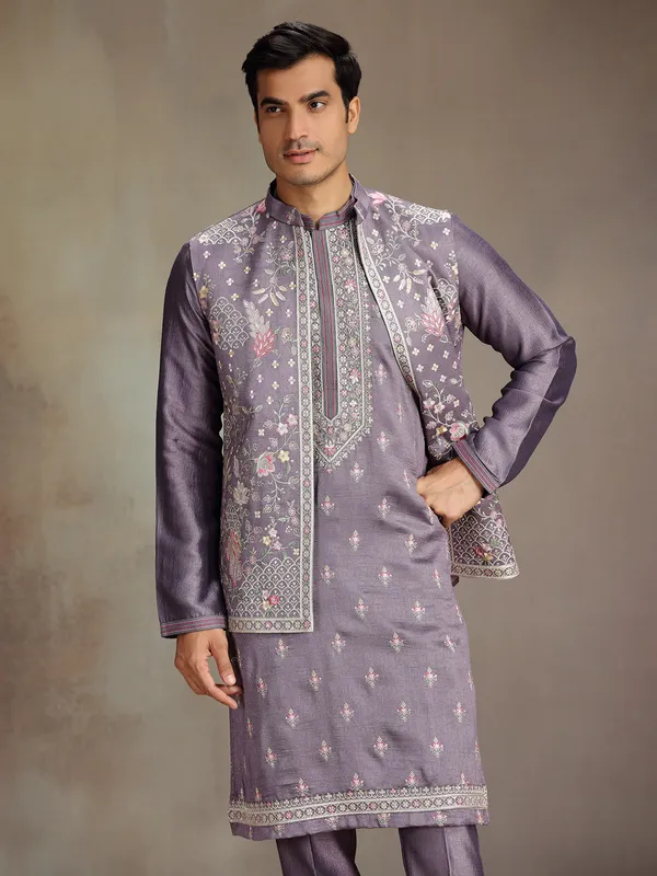 Lilac purple wedding wear silk waistcoat set