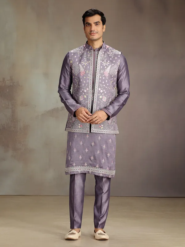 Lilac purple wedding wear silk waistcoat set