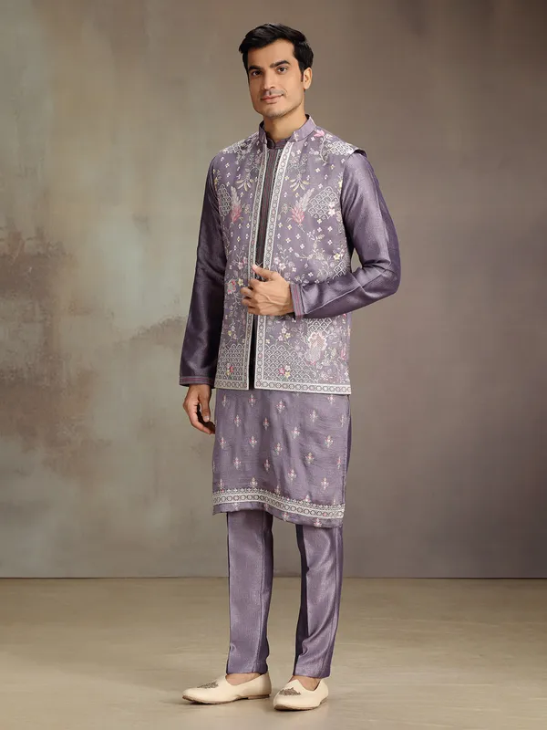 Lilac purple wedding wear silk waistcoat set