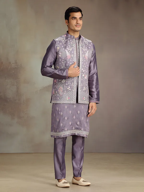 Lilac purple wedding wear silk waistcoat set