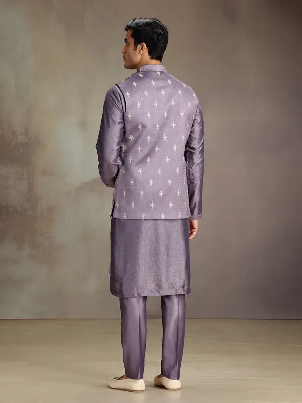 Lilac purple wedding wear silk waistcoat set