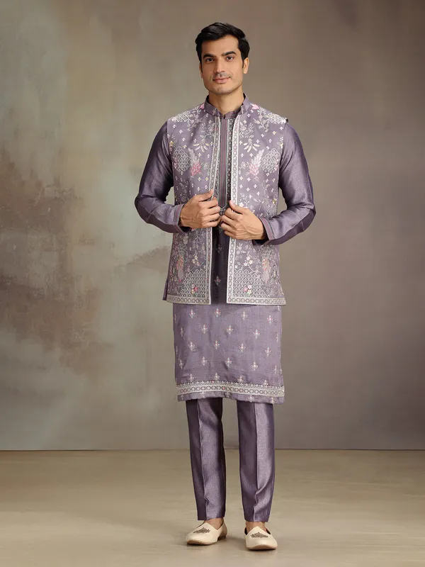 Lilac purple wedding wear silk waistcoat set