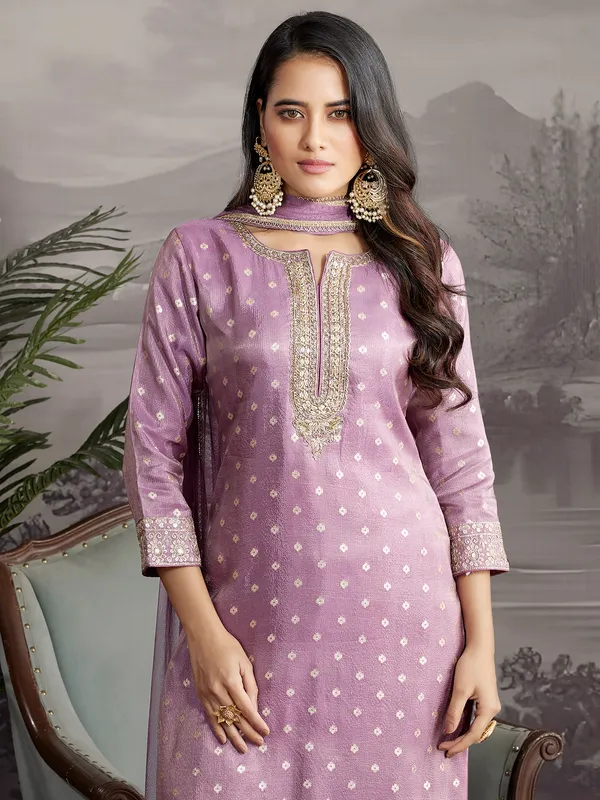 Lilac purple zari weaving silk salwar suit