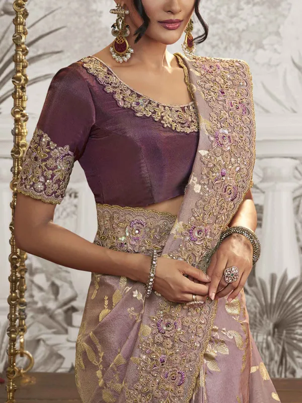Lilac purple zari work silk saree