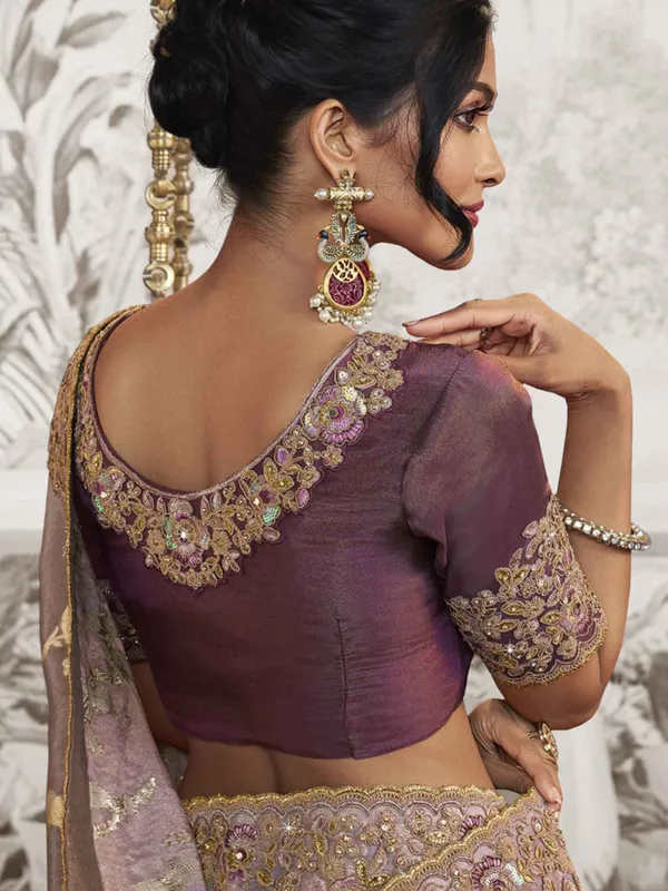 Lilac purple zari work silk saree