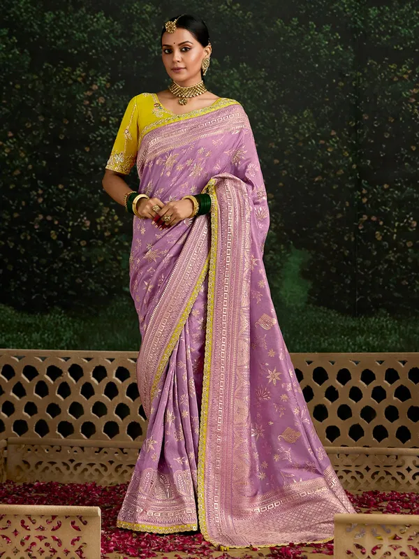 Lilac purple zari worked saree in dola silk