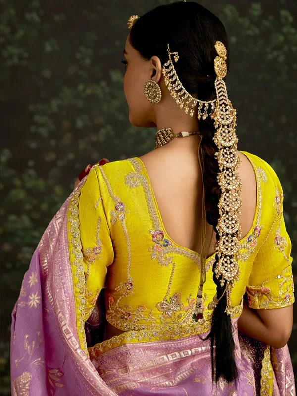 Lilac purple zari worked saree in dola silk