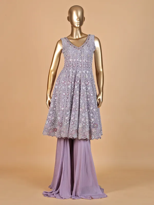 Lilac sleeveless net palazzo suit with dupatta