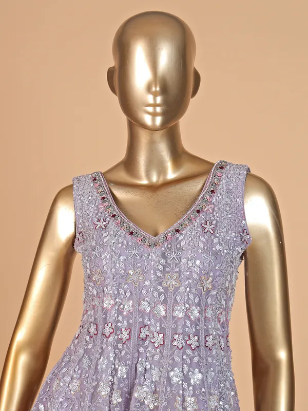 Lilac sleeveless net palazzo suit with dupatta