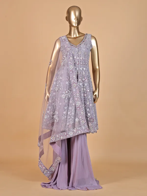 Lilac sleeveless net palazzo suit with dupatta