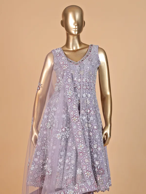 Lilac sleeveless net palazzo suit with dupatta