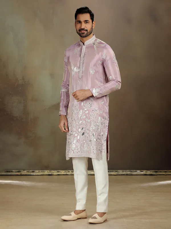 Lilac tissue silk kurta with zari touch