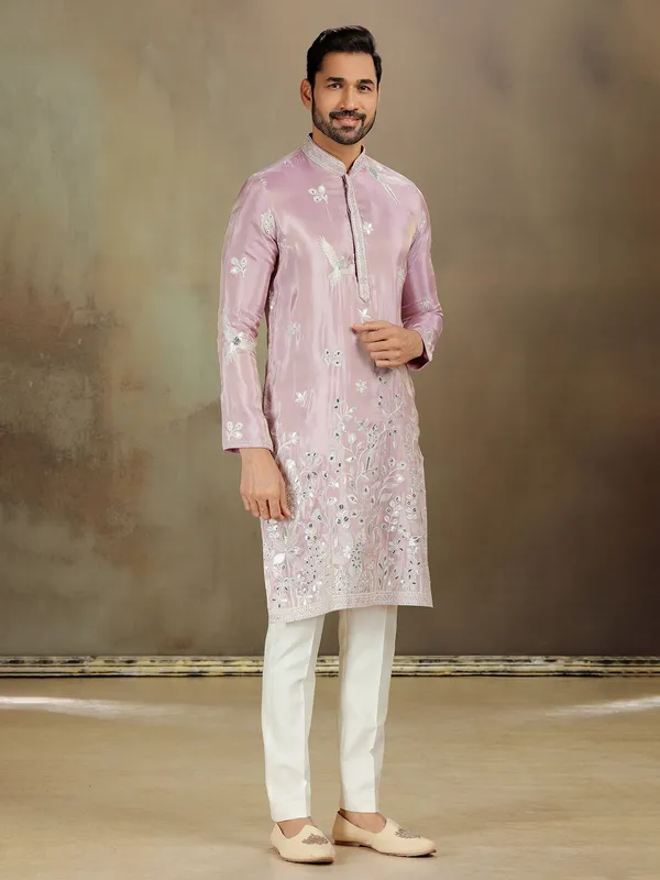 Lilac tissue silk kurta with zari touch