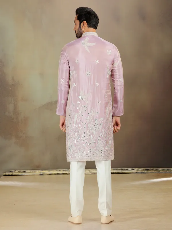 Lilac tissue silk kurta with zari touch