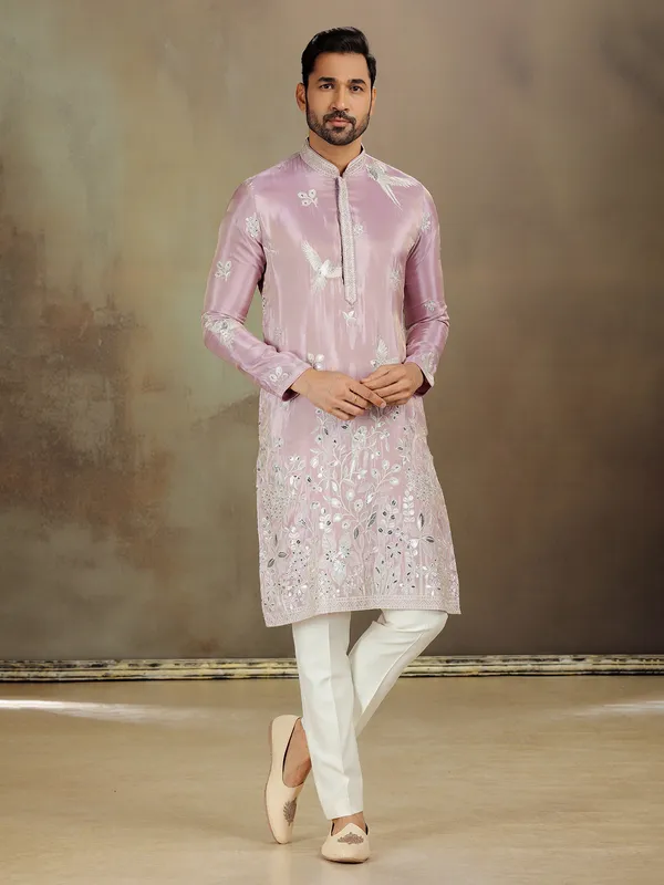 Lilac tissue silk kurta with zari touch
