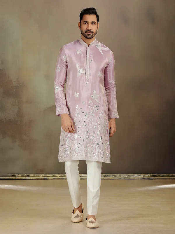 Lilac tissue silk kurta with zari touch