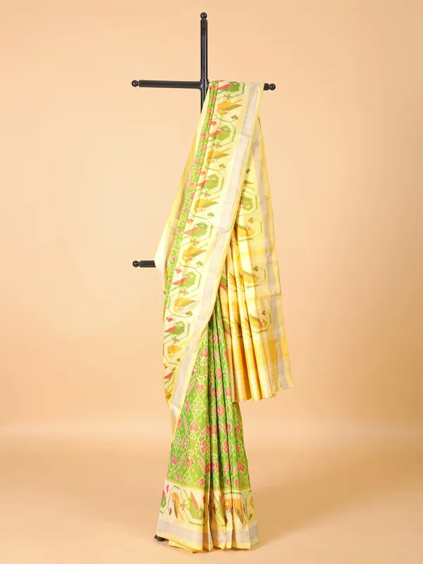 Lime green and yellow hue printed silk saree for festive