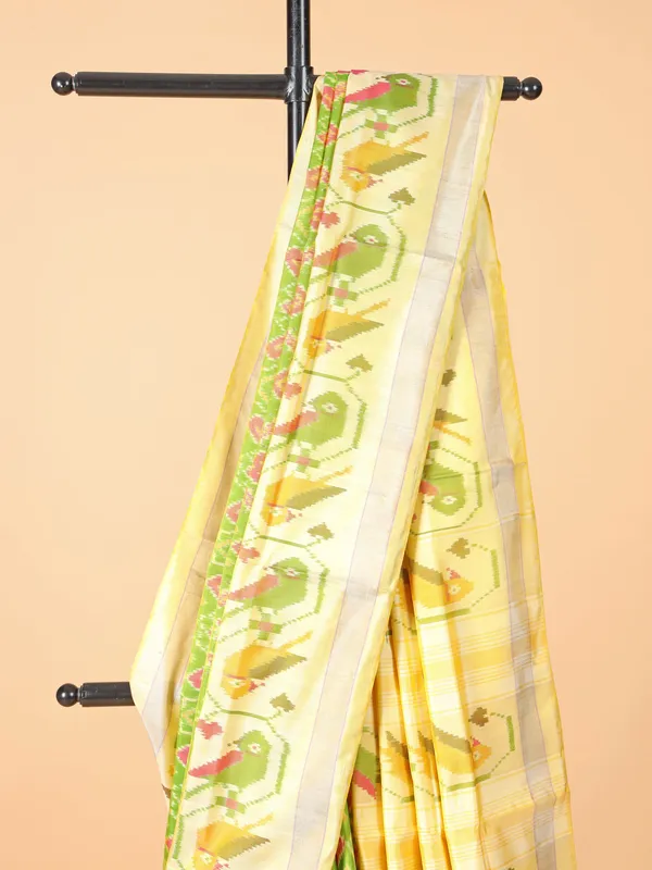 Lime green and yellow hue printed silk saree for festive