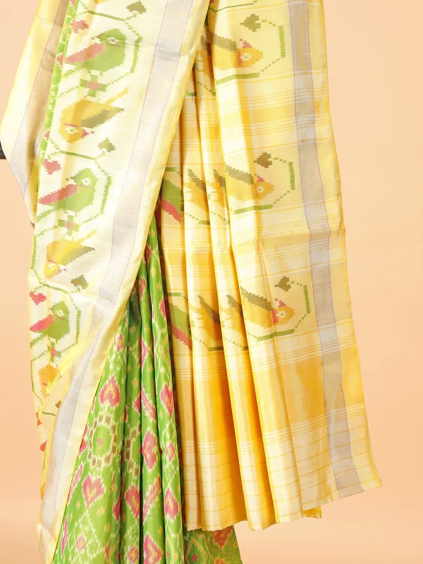 Lime green and yellow hue printed silk saree for festive